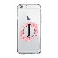iPhone 6 Pembe Çiçek Desen J Harfli Şeffaf Kılıf