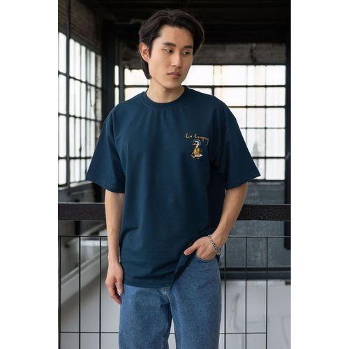 Cep Baskılı İki İplik Kumaş Pamuklu Oversize Erkek T-Shirt - Prusya Mavisi