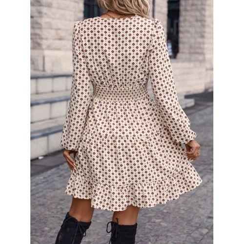 Kadın Uzun Kollu Kruvaze Yaka Desenli Mini Modal Elbise