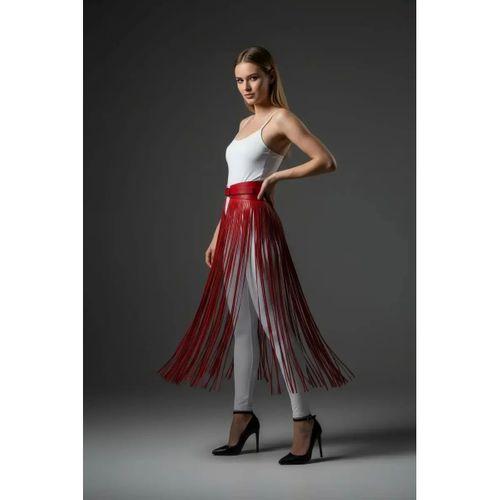 Kırmızı Etek Uzun Püskül Detaylı Etek Suni Deri Etek - Brf1003