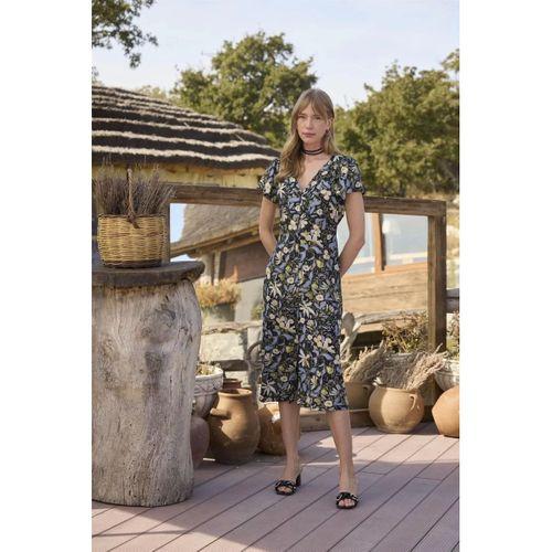 %100 Viskon Desenli Önden Düğmeli Elbise