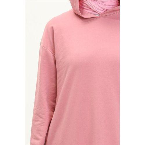 Atlas Kapşonlu Uzun Sade Basic Sweatshirt - 03007.014 - Pembe