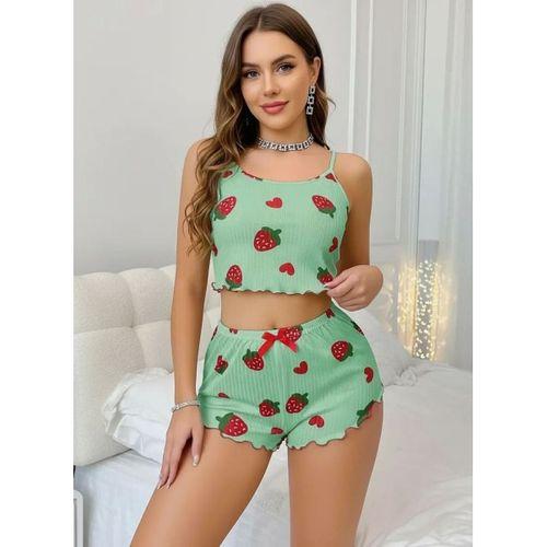 Kadın Yeşil Çilek Desenli Şortlu Pijama Takımı Sevimli Rahat 2’li Set