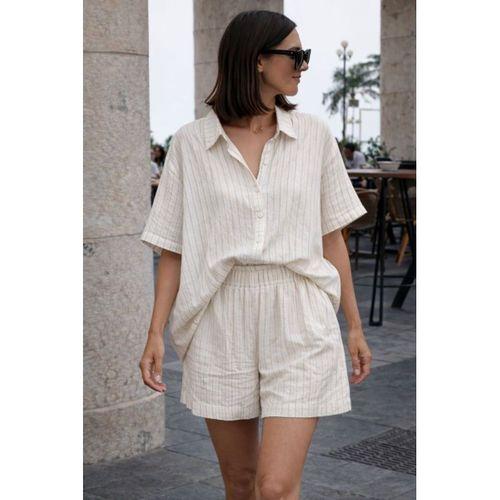 Kadın Kısa Kollu çizgili Modal Kumaş Gömlek Ve Yüksek Bel Lastik Detay şort Ikili Takım