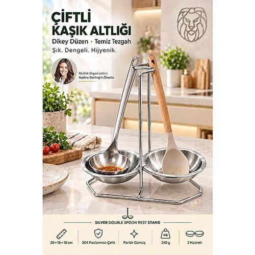 Gümüş Çiftli Kepçe Kaşık Altlığı Dikey Tezgah Üstü Kaşıklık Standı 18/10 304 Paslanmaz Çelik 723677