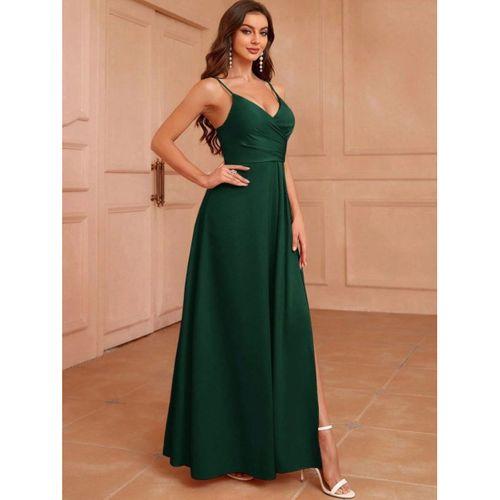 Kadın Ip Askılı Kruvaze Yakalı Yırtmaçlı Uzun Ithal Krep Elbise