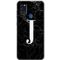 MRCİLETİSİM Samsung Galaxy A21s Kılıf HD Desen Baskılı Arka Kapak + Temperli Cam - Siyah Mermer Desenli J Harfi