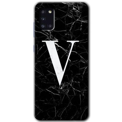 Potkal Hediye Fabrikası Samsung Galaxy A31 Kılıf HD Desen Baskılı Arka Kapak - Siyah Mermer Desenli V Harfi