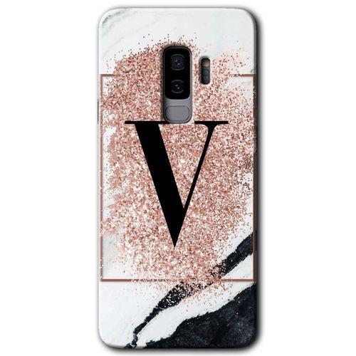 Samsung Galaxy S9 Plus HD Baskılı Kılıf + 9D Tam Ekran Koruyucu - Pembe Mermer Desenli V Harf