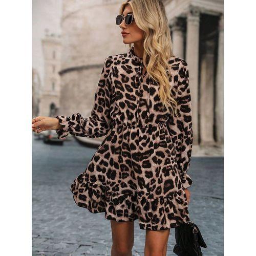 Kadın Uzun Kollu Yakadan Bağcıklı Modal Leopar Desenli Mini Elbise