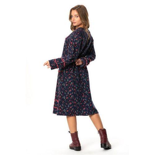 Uzun Kol Firdevs Kare Yaka Cep Detaylı Kısa Kışlık Pazen Elbise Çiçek Desen Lacivert Lcvt