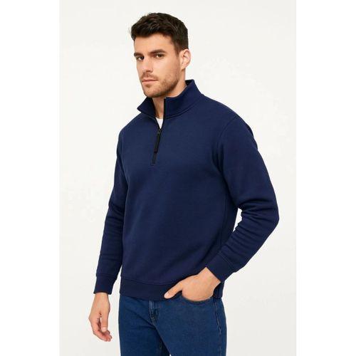 Erkek Dik Yaka Sweatshirt Dik Yaka Yarım Fermuarlı 3 İplik Şardonlu Pamuk Kumaş - Lacivert