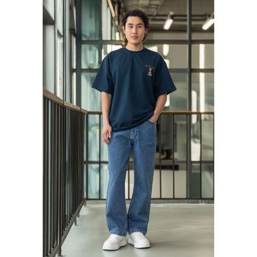 Cep Baskılı İki İplik Kumaş Pamuklu Oversize Erkek T-Shirt - Prusya Mavisi