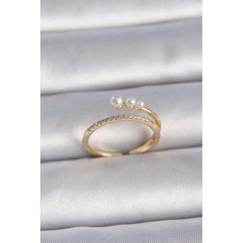 pilelistore Pirinç Gold Renk Ayarlanabilir Zirkon Taşlı İncili Model Kadın Yüzük - TJ-BYK3414