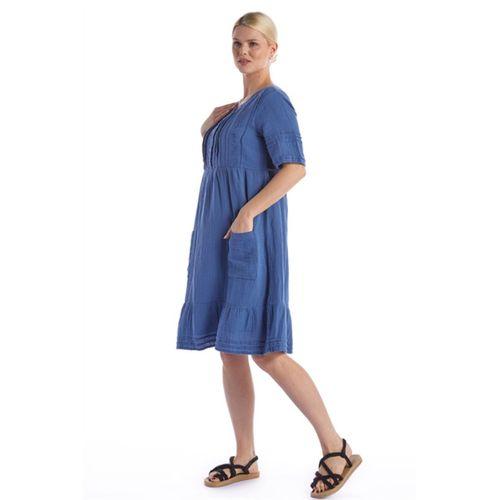 Kısa Kol İndigo Kare Yaka Cep Detaylı Midi Boy Müslin Yazlık Elbise