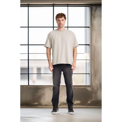 İki İplik Kumaş Pamuklu Bisiklet Yaka Basic Oversize Erkek T-Shirt - Mineral Gri