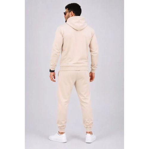 Erkek İki İplik Kapüşonlu Kanguru Cepli Sweatshirt Jogger Pantolon Alt Üst Eşofman Takımı -Bej