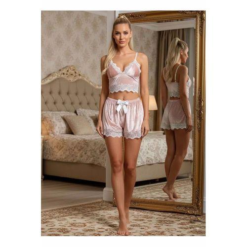 Pudra Kadife Dantelli Sabahlık & Gecelik Takım 3' Lü - 1438