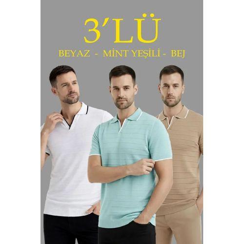 Erkek 3’lü Paket Triko Yakalı Düğmesiz Açık Yaka Fitilli Kısa Kollu Regular Fit Tişört - Bej, Beyaz, Mint Yeşili
