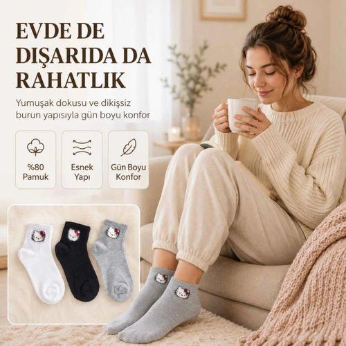 Kadın Sevimli Kedi Desenli Bilek Çorap 12'lı | %80 Pamuklu Dikişsiz, Siyah Beyaz Gri