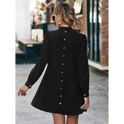 Kadın Uzun Kollu V Yakalı Arkadan Düğmeli Mini Ithal Krep Elbise
