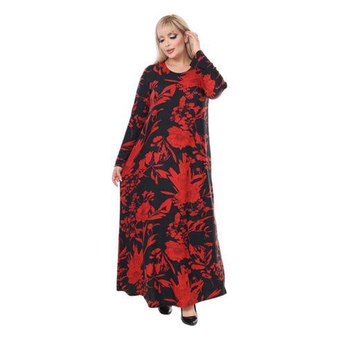 Melsay Butik Yumoş Kumaş Kırmızı Tropik Desen Uzun Kollu Kadın Tesettür Elbise