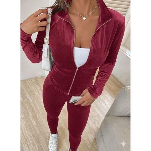 Kadın Uzun Kollu önden Fermuarlı Kadife Bluz Ve Pantolon Ikili Takım