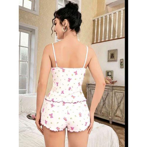 Kadın Beyaz Gül Ve Vişne Desenli Şortlu Gecelik Takım 5113