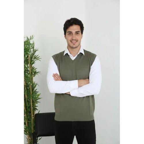Erkek V Yaka Kolsuz Süveter Triko Kazak Yumuşak Dokulu Pamuklu Ince Dokuma Rahat Regular Kalıp - Haki