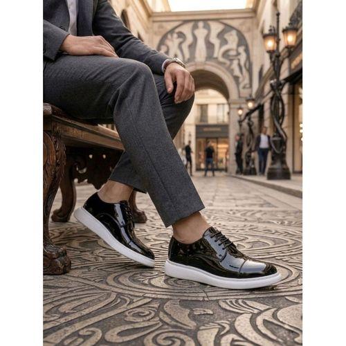 BA0003 Siyah Kapaklı Burun Bağcıklı Rugan Beyaz Taban Erkek Oxford Ayakkabı