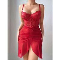 Kadın Ateş Kırmızısı Önden Yırtmaçlı Tül Fantezi Gecelik 2241