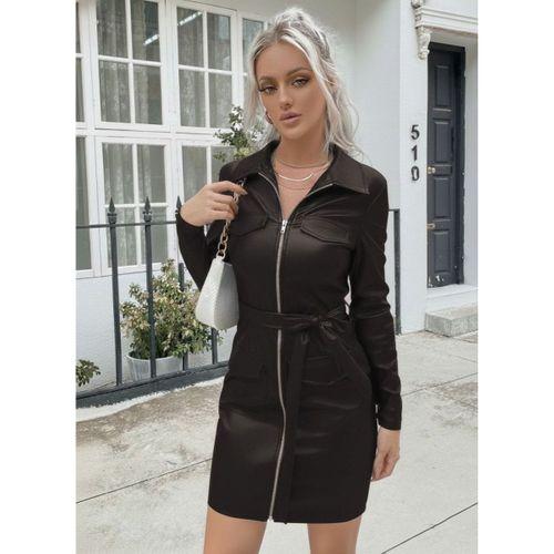 Kadın Uzun Kollu Yakalı Cepli önü Fermuarlı Koyu Kahve Mini Deri Elbise