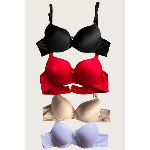 Siyah-beyaz-kırmızı-ten 4'lü Dolgulu Push Up Micro Balenli Günlük Tek Destekli Sütyen