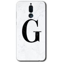 Huawei Mate 10 Lite Kılıf HD Desen Baskılı Arka Kapak + Temperli Cam - Beyaz Mermer Desenli G Harfi