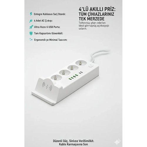 Akım Korumalı Priz Ve Masaüstü Şarj İstasyonu Kablosuz 4 Priz ,4 Usb, 2 Type-c Girişli 2 Metre