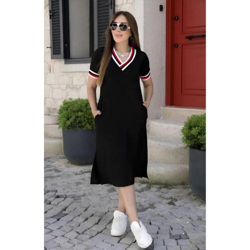 Kadın Kısa Kollu V Yaka Ribana Detay Midiboy Viskon Elbise