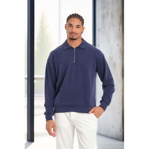 Scuba Modal Kumaş Relaxed Fit Yarım Fermuarlı Polo Yaka Erkek Sweatshirt - Lacivert