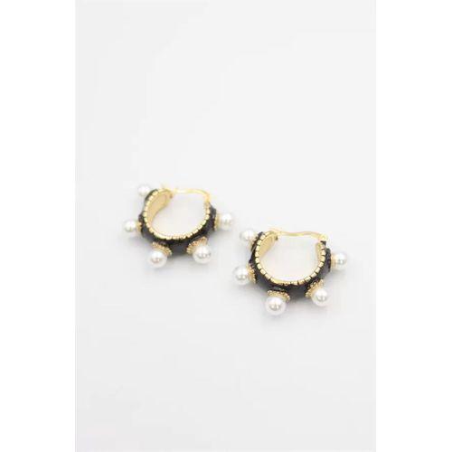 İncili Mineli Halka Küpe - Siyah