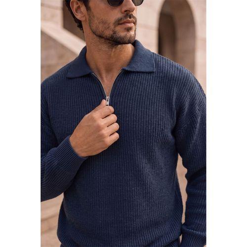 Gibson Oversize Yarım Fermuar Gömlek Polo Yaka Selanik Örme Erkek Triko Kazak - İndigo
