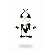 Siyah Harness Takım Zincir Detaylı Suni Deri Kelepçeli Set - Brf1219