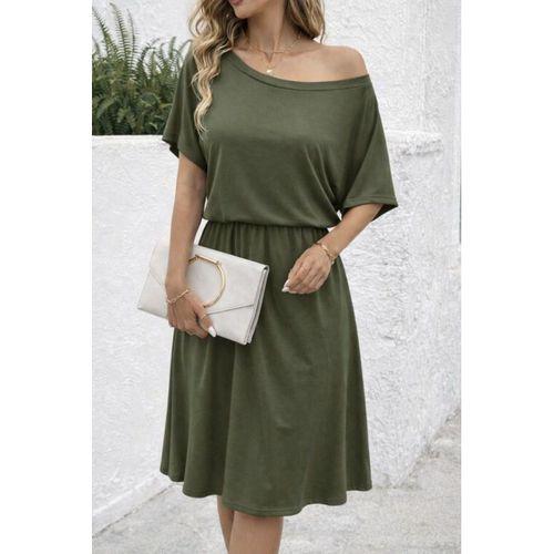 Kadın Kısa Kollu Omuzdan Açık Kiloş Midi Viskon Elbise