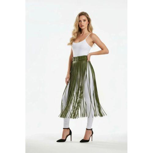 Haki Etek Uzun Püskül Detaylı Etek Suni Deri Etek Yüksek Bel Etek - Brf1090