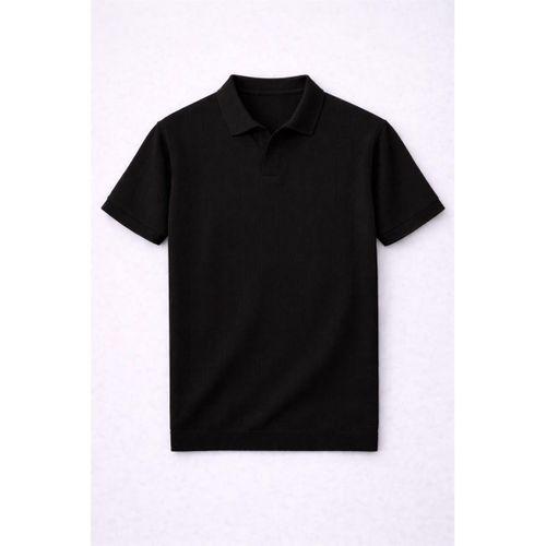 Elatus Çizgili V Yaka İnce Triko Relaxed Fit Polo Yaka Erkek T-Shirt - Siyah
