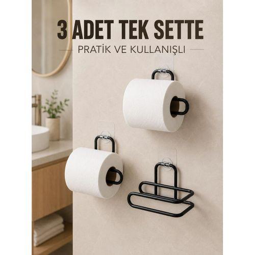 3 Adet Siyah Rulo Kağıt Tutucu Yapışkanlı Duvar Tipi Pratik Kağıtlık Seti