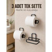 3 Adet Siyah Rulo Kağıt Tutucu Yapışkanlı Duvar Tipi Pratik Kağıtlık Seti