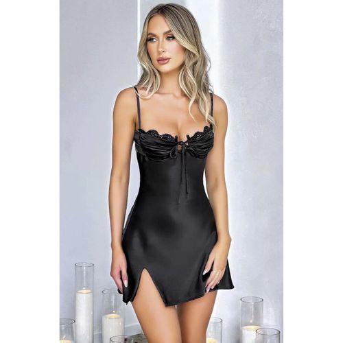 Özel Tasarım Yırtmaçlı İnce Askılı Dantel İşlemeli Siyah Mini Saten Gecelik