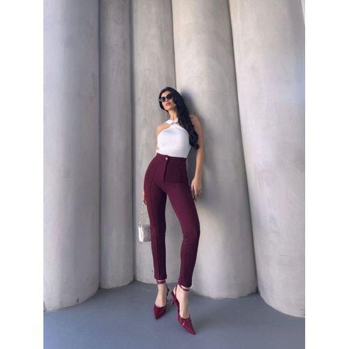 Bordo Renk Yüksek Bel Maskülen Kesim Kumaş Pantolon