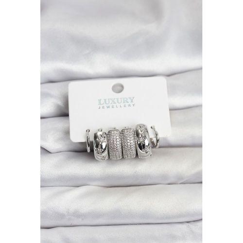 Zirkon Taşlı Pirinç Gümüş Renk Halka Kadın Küpe Seti