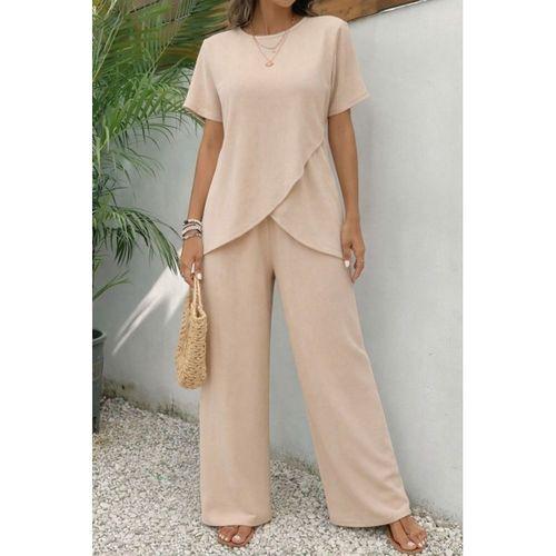 Kadın Kısa Kollu Bisiklet Yaka Asimetrik Kesim Detaylı Bürümcük Bluz Ve Pantolon Ikili Takım