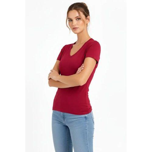 T-Shirt V Yaka Slim Fit Likralı Tişört Günlük Basic Body - Bordo